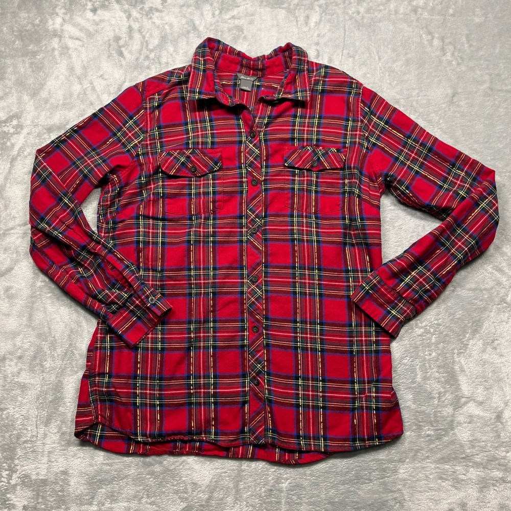 Eddie Bauer Plaid‎ Flannel Button Down Sleep Shirt Womens Red Black Gold L